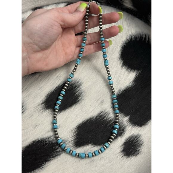 Southwest Jewelry - Native American Sterling Silver 5mm Navajo Pearl 6mm Turquoise HEISHI Necklace